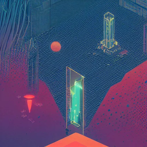 Image similar to Stunningly intricate illustration of a cyberpunk explorer meditating next to a floating triangular glowing monolith, highly detailed, midnight, by Victo Ngai and James Gilleard , Moebius, Laurie Greasley