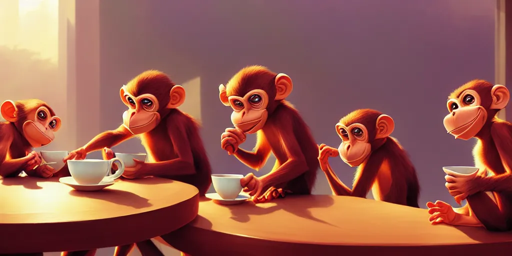 Prompt: hyper detailed ultra sharp of cartoon monkeys drinking coffee. behance hd by jesper ejsing, by rhads, makoto shinkai and lois van baarle, ilya kuvshinov, rossdraws radiating a glowing aura global illumination ray tracing hdr, 8 k