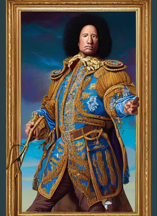 Prompt: beautiful oil painting, portrait of Dwayne the rock Johnson as Louis xiv in coronation robes 1701, Dan Mumford, dan Mumford, Dan Mumford, Alex grey, Alex grey, lsd visuals, dmt fractal patterns, entheogen, psychedelic, hallucinogen, coherent, highly detailed, ornate, vaporwave