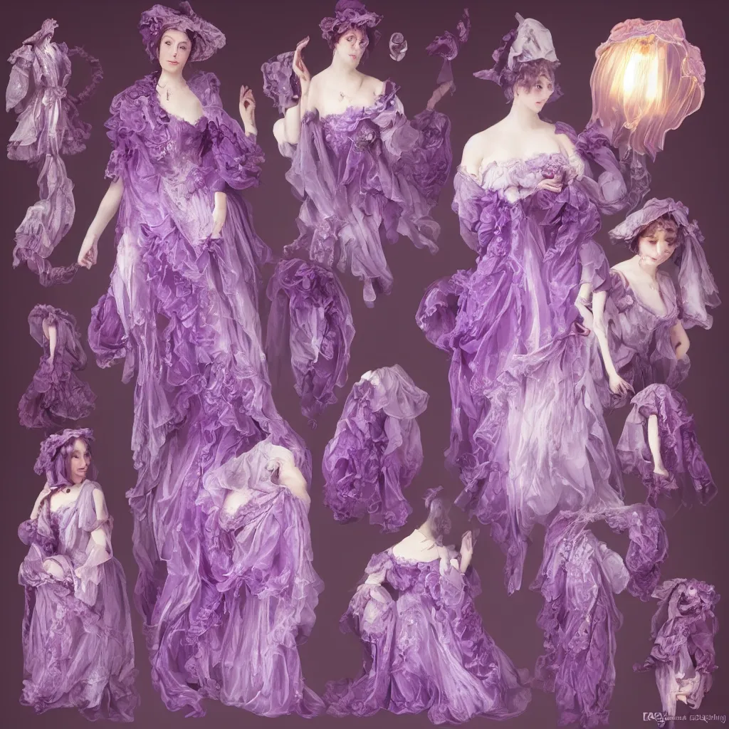Prompt: purple dress in the style of baroque ，Victorian era，jellyfish element，dreamy, soft ,Backlight ,luminescence，highly detailed,8k