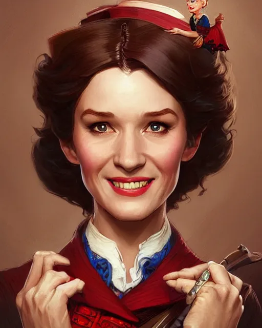 Image similar to Mary Poppins smiling and looking to the side, D&D, fantasy, intricate, elegant, highly detailed, digital painting, artstation, concept art, matte, sharp focus, illustration, hearthstone, art by Artgerm and Greg Rutkowski and Alphonse Mucha