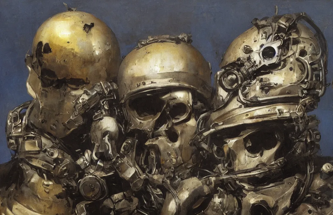 Image similar to portrait of deep sea diver helmet, detailed skull face, detailed painting, epic lighting, by ilya repin, phil hale and kent williams