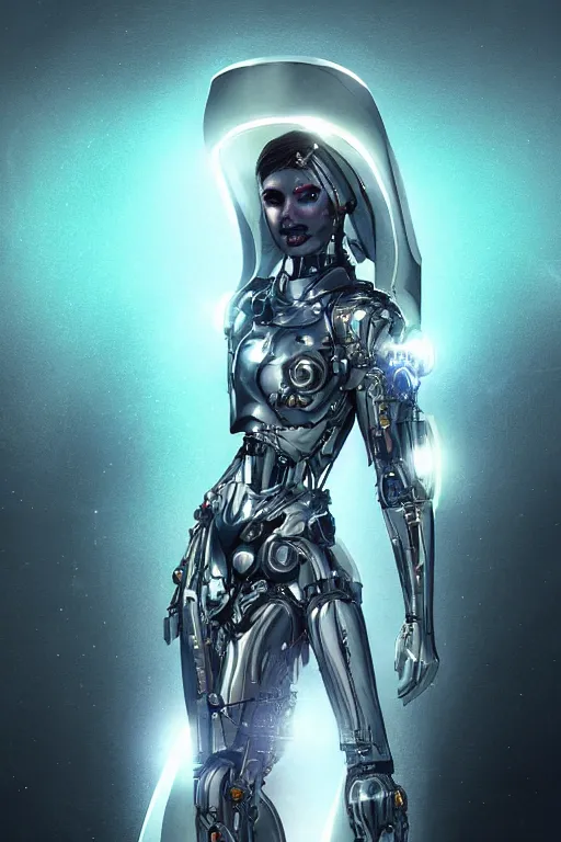 Image similar to beautiful cyborg priestess, scifi, perfect face, futuristic, elegant cape, aura of light, glow, concept art, sharp focus, inside a space ship, trending on artstation, hwang se - on, intricate, advanced technology, art by roman makarenko and simon almeida and marcos melco