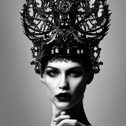 Prompt: a portrait of female model by stefan geselle and nekro borja, photorealistic, intricate details, hyper realistic, ornate headpiece, dark beauty, photorealistic, canon r 3, photography, wide shot, photography, dark beauty, symmetrical features