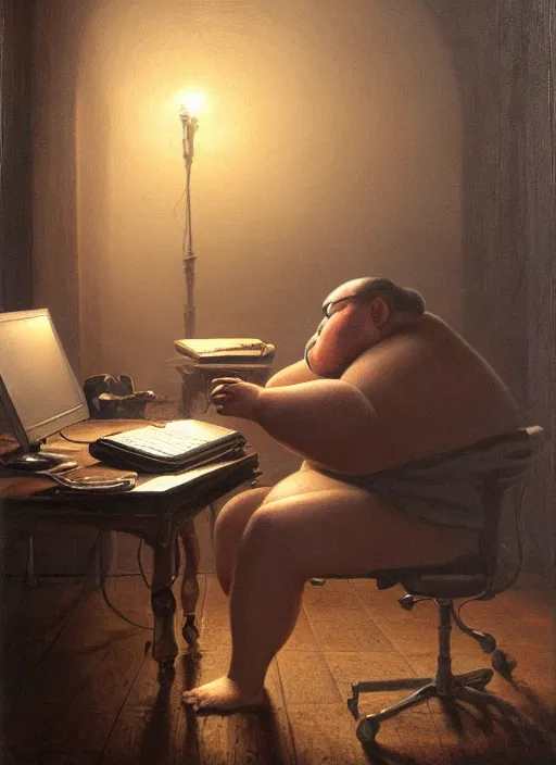 Image similar to insanely detailed chiaroscuro image of a exhausted - looking slightly fat casually - dressed programmer guy on his knees facing his glowing ultrawide computer monitor monitor begging it for forgiveness, oil on canvas, masterwork, fine detail, trending on artstation, emotive, insanely compelling, ryden, koons, moebius