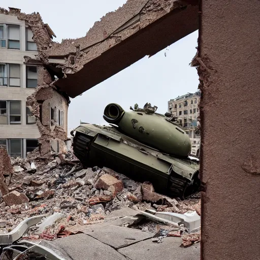 Prompt: a tank crashing through the walls of an apartment building, 4 k, high detail, high - resolution photograph, professional photography, ultra - detail