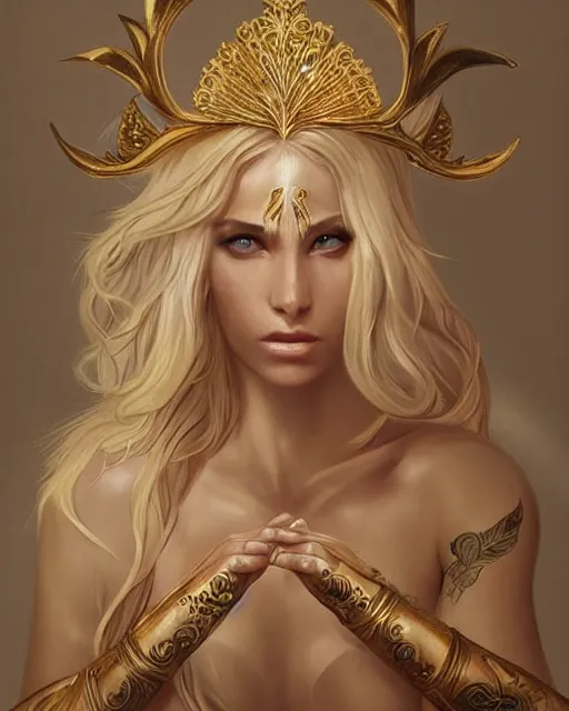 Image similar to tattoo design sketch of hot blonde super model as aphrodite greek goddess wearing a gold laurel wreath and triangle earrings, beautiful piercing gaze with sharp pupils, in the style of greg rutkowski, fantasy, amazing detail, epic, elegant, smooth, sharp focus, front view