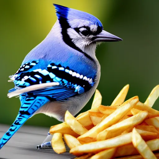 Prompt: bluejay eating french fries