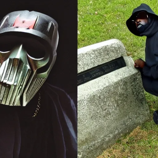 Image similar to MF DOOM wearing MF DOOM mask standing in a graveyard with a dug up coffin