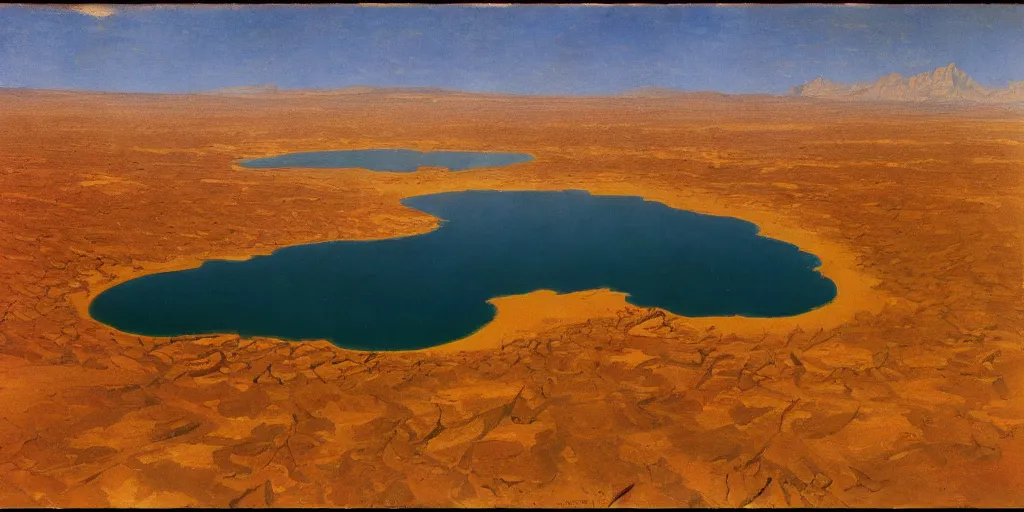 Image similar to lake in a desert, utah, aerial shot, cinematic lighting, midday, albert bierstadt