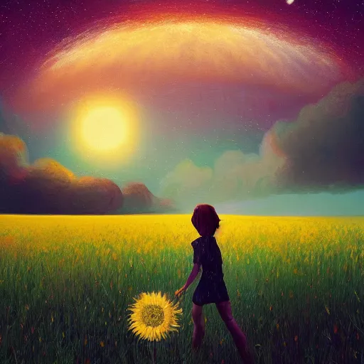 Image similar to giant daisy as a head, girl walking in wheat field, hills, surreal photography, dark night, star trails, dramatic light, impressionist painting, clouds, digital painting, artstation, simon stalenhag