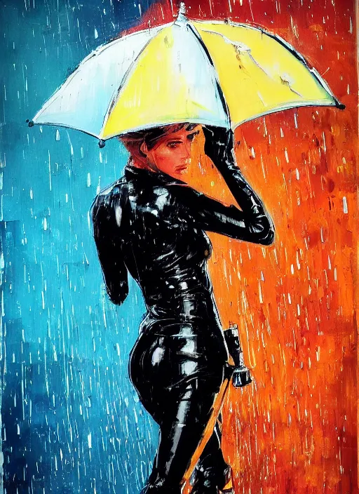 Prompt: senz umbrella, being held by short blonde hair, black leather suit supermodel, in the rain, a still from death stranding ( 2 0 1 9 ) action game, by ashley wood, 6 0's french movie poster, french impressionism, vivid colors, palette knife and brush strokes, concept art