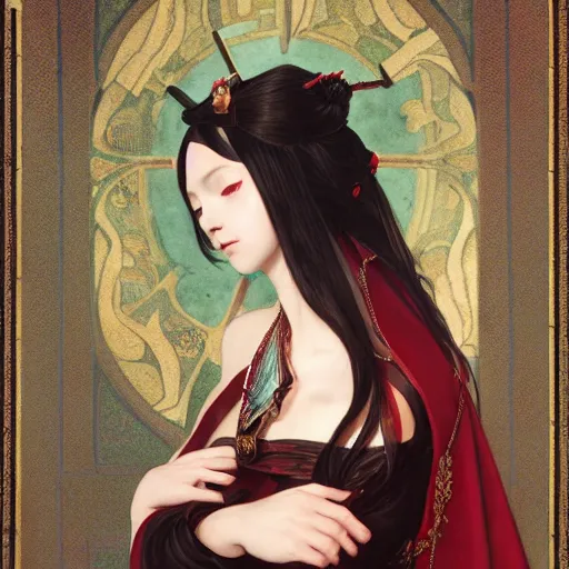 Image similar to a beautiful portrait of hatsune miku with long black and deep red colored hair dressed as a 1 st century european noblewoman, intricate, elegant, highly detailed, digital painting, artstation, concept art, matte, sharp focus, illustration, art by greg rutkowski and alphonse mucha