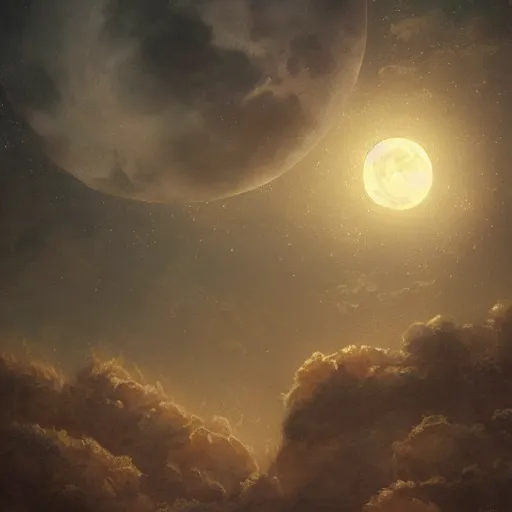 Image similar to medium shot, cinematic, the giant Moon in the sky, soft lighting, oil on canvas, masterpiece, trending on artstation, cinematic composition, beautiful lighting, sharp, details, hyper-detailed, HD