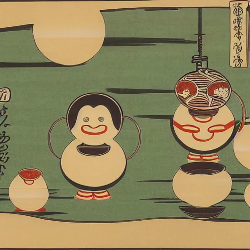 Image similar to traditional japanese ukiyo - e depicting happy smiley coffee cups in a beautiful natural environment