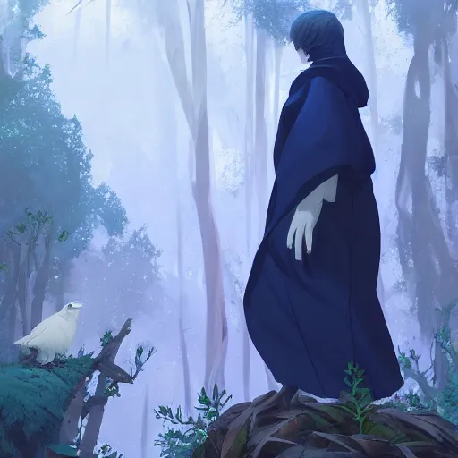 Image similar to concept art painting of an anthropomorphic albino raven wearing dark blue robes, in the deep forest, realistic, detailed, cel shaded, in the style of makoto shinkai and greg rutkowski and james gurney