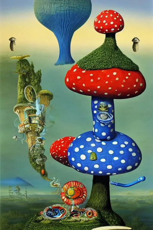 Prompt: a blue caterpillar with a hooka pipe with smoke arising from it sitting on top of a giant polka dot mushroom in wonderland by jacek yerka and salvador dali, detailed matte painting, 8 k resolution