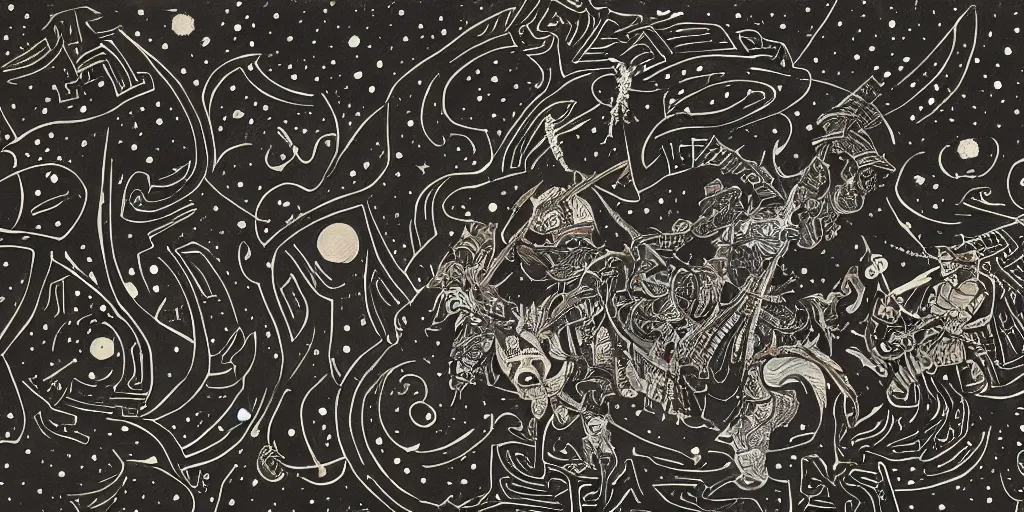 Prompt: a painting by sam bosma of a samurai in a patterned battle armor fighting a completely black shadow demon. they are surrounded by beautiful and intricate star constellations that look like aboriginal dream patterns
