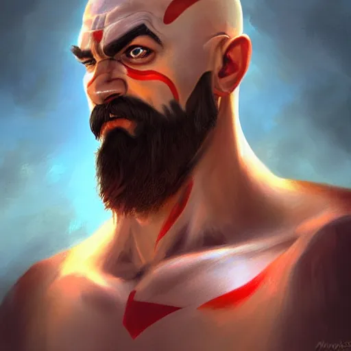 Prompt: Portrait of Kratos with Mustache by Mandy Jurgens