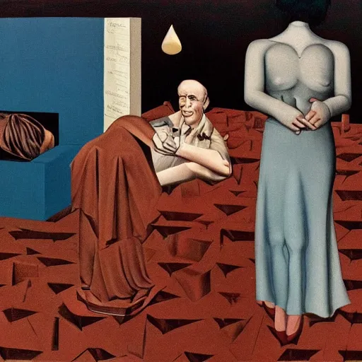 Prompt: the problem of evil, philosopy, twin peaks, blue velvet, by de chirico, by paula rego