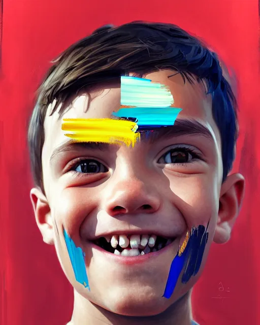 Image similar to painting, smiling boy, shards of time, face portrait, centered portrait, medium closd - up, illustration, highly detailed, simple, no jagged lines, smooth, artstation, artwork by obey, artwork by sandra chevrier