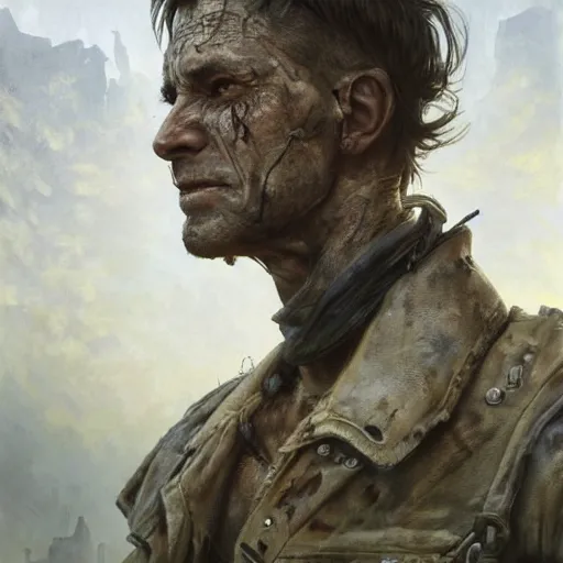 Image similar to portrait painting of a post apocalyptic man, ultra realistic, concept art, intricate details, eerie, highly detailed, fallout, wasteland, photorealistic, octane render, 8 k, unreal engine 5. art by artgerm and greg rutkowski and alphonse mucha