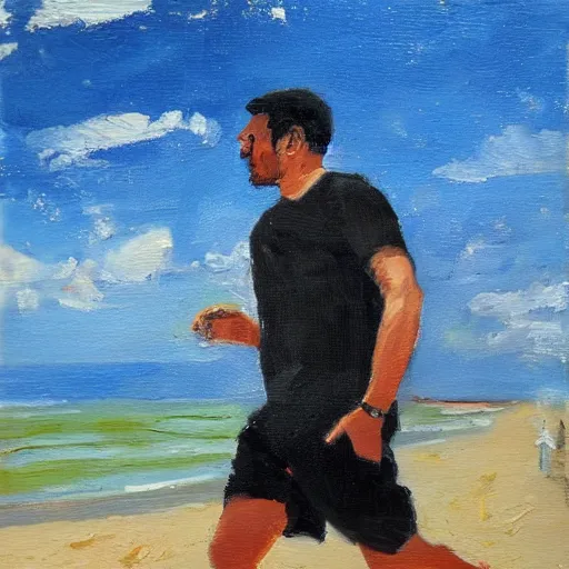 Prompt: a man walking in a sunny day in the beach with black shorts, oil painting