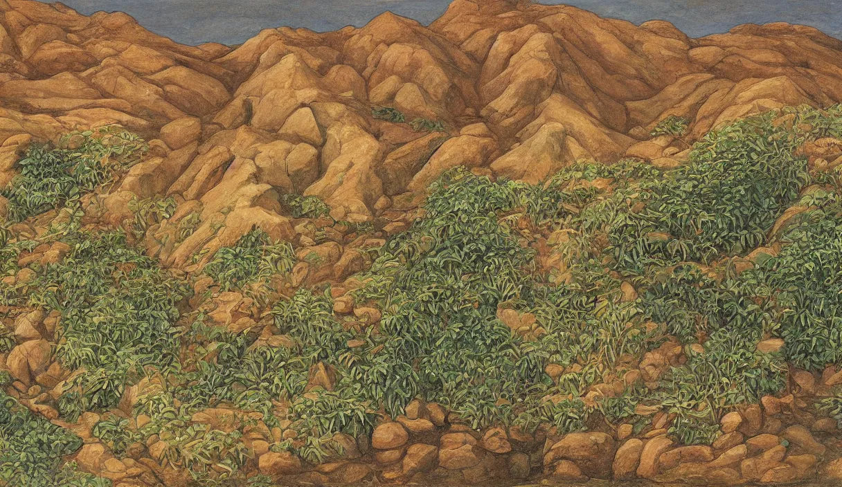 Prompt: cross section of hill dirt, close up, detailed by marianne north by moebius