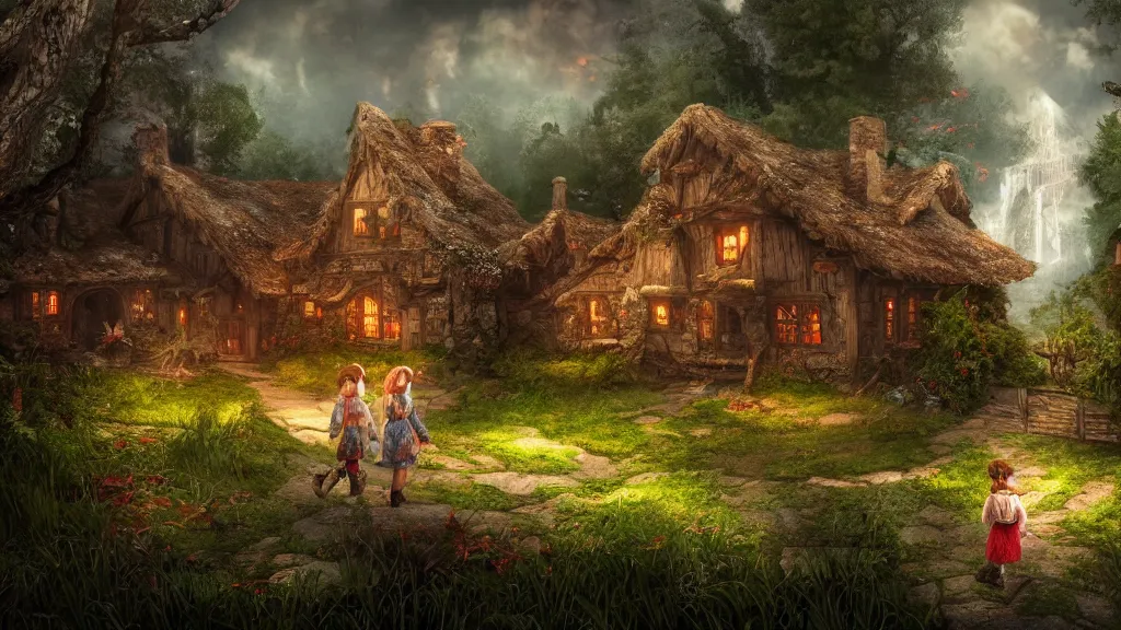 Image similar to hansel and gretel, fantasy artwork, very very very beautiful scenery, hd, hdr, ue5, ue6, unreal engine 5, cinematic 4k wallpaper, 8k, ultra detailed, high resolution, artstation, award winning