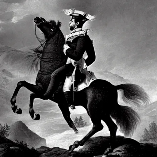 Image similar to napoleon standing on top of a cliff with an army marching next to him.