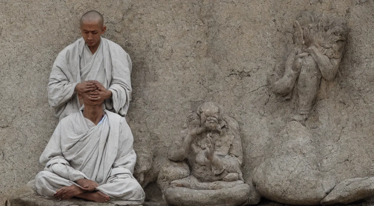 Image similar to a meditating monk sitting on a stone painted in the style of anderson debernardi