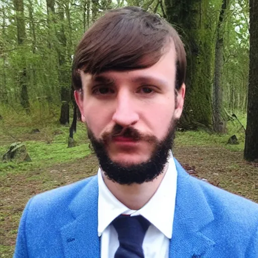 Image similar to Corran McCallum [[Corran McCallum]] facebook profile image of Corran McCallum, brown hair, blue jacket infront of trees. Young brown haired man with facial hair, photo of Corran McCallum.