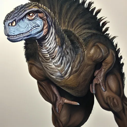 Prompt: dwayne the rock johnson as a velociraptor in miami, portrait painting full body