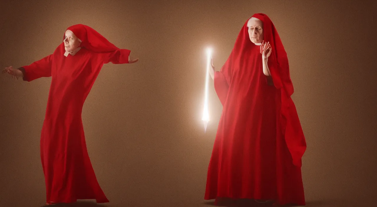 Prompt: A nun in a red dress with a transparent body and holy light emanating from her lungs, dark fantasy, dark Soul, elden ring