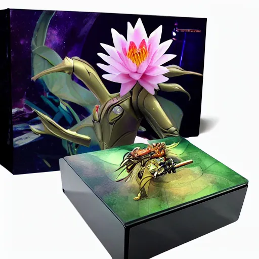 Image similar to futuristic nymphaea themed mecha waterlily upper body, flower sepals forming helmet, evangelion, nymphaea, 8 k hd resolution, barbatos gundam with floral inlay, bandai box art, star wars, makoto kobayashi, frank gehry, raymond swanland