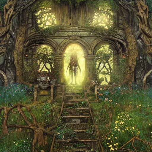 Prompt: ancient overgrown! ruins, medieval gates, runestones, mysetrious etherial mesmerizing runic!! cat eyes, magical elven geometry, concept art by gustav klimt!, deviantart contest winner, environmental art, high detail