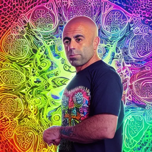 Image similar to a portrait of joe rogan with a psychedelic background with bokeh