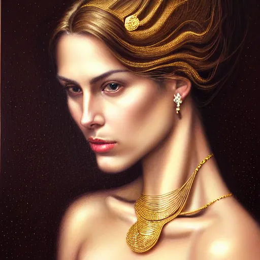 Prompt: Facial portrait of a gorgeous girl, looking away from the camera, seductive smile, heavy gold jewellery, gold and pearl necklaces, elegant revealing intricate dress, sparkle in eyes, lips slightly parted, long flowing hair, no hands visible, delicate, teasing, arrogant, defiant, bored, mysterious, intricate, extremely detailed painting by Mark Brooks (and by Greg Rutkowski), visible brushstrokes, thick paint visible, no light reflecting off paint, vibrant colors, studio lighting