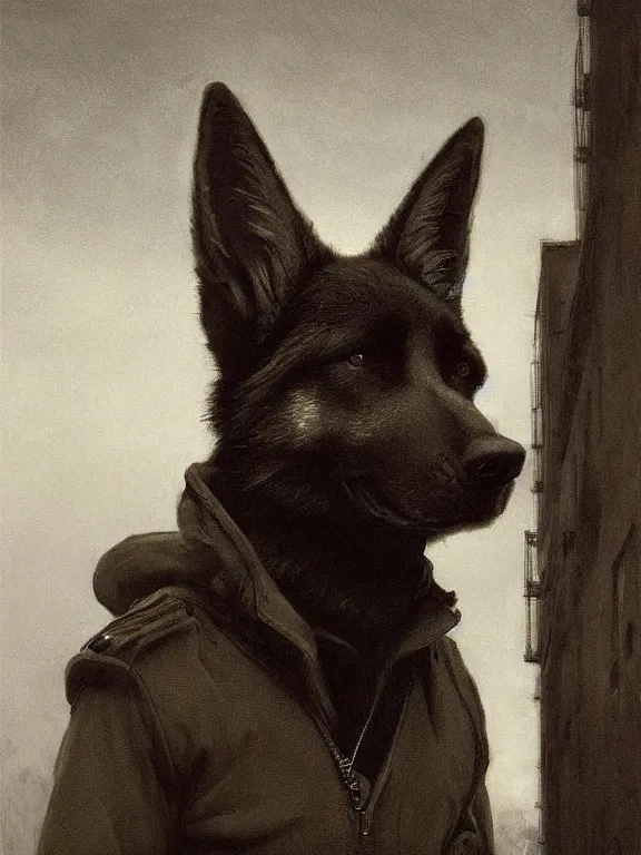 Image similar to new york city portrait of furry anthro anthropomorphic german shepard head animal person fursona wearing clothes nypd traditional police uniform in the alley, dark moody night nighttime, digital art by Nerdrum John, William Waterhouse, Winslow Homer, Alex Heywood, Jordan Grimmer, Darren Quach, Greg Rutkowski, Simon Stalenhag, trending on Artstation, CGSociety