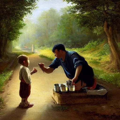 Prompt: painting of a man feeding a poor boy on a country road, surreal highly detailed