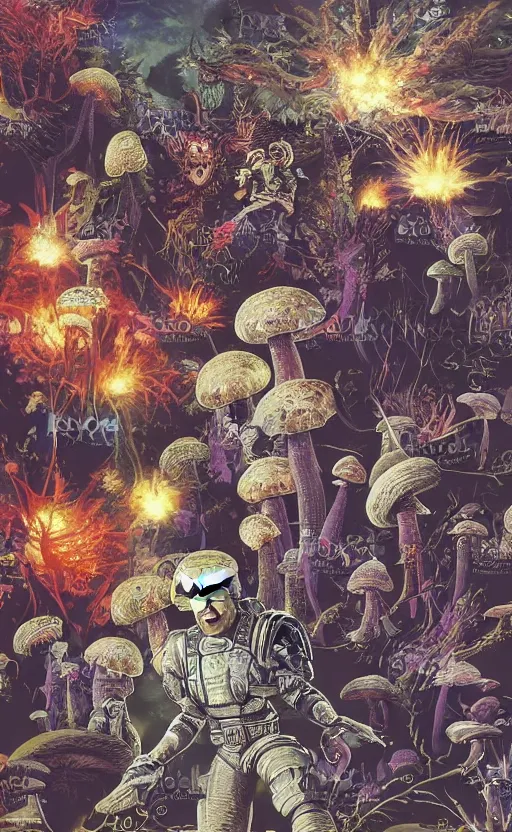 Prompt: donald trump stars in the sky fairies with detailed faces enchanted forest mushrooms on the ground psychedelic wide angle shot white background vector art illustration gears of war by frank frazetta