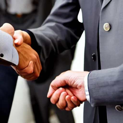 Image similar to photograph of a people in suits shaking hands, white background, close up