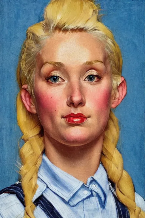 Prompt: portrait study! of a woman!! in their 3 0 ’ s blond hair!!! button up shirt! overalls!!! by norman rockwell!!!