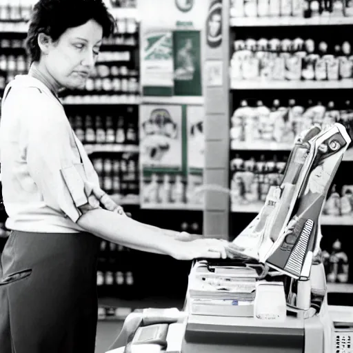 Image similar to a middle - aged woman working as a cashier at a dingy convenience store, award - winning photography, 1 9 9 0