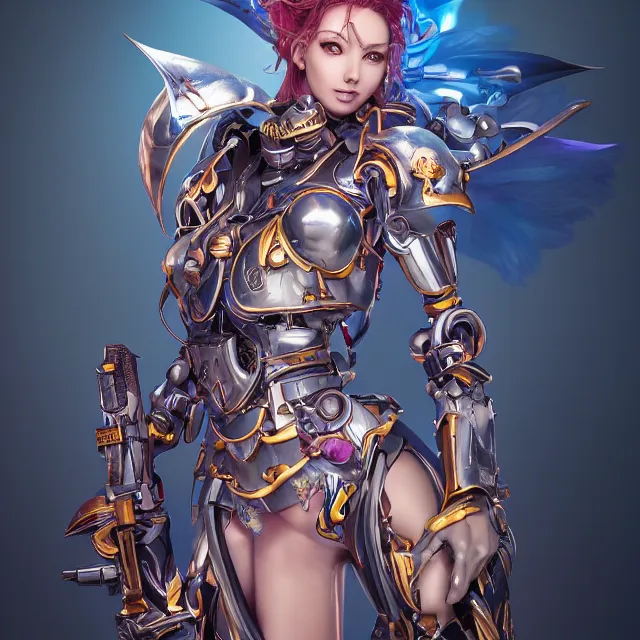 Image similar to studio portrait of lawful good colorful female holy mecha paladin absurdly beautiful, elegant, young thin bikini model, ultrafine hyperrealistic detailed face illustration by kim jung gi, irakli nadar, intricate linework, sharp focus, bright colors, matte, octopath traveler, final fantasy, unreal engine highly rendered, global illumination, radiant light, intricate environment