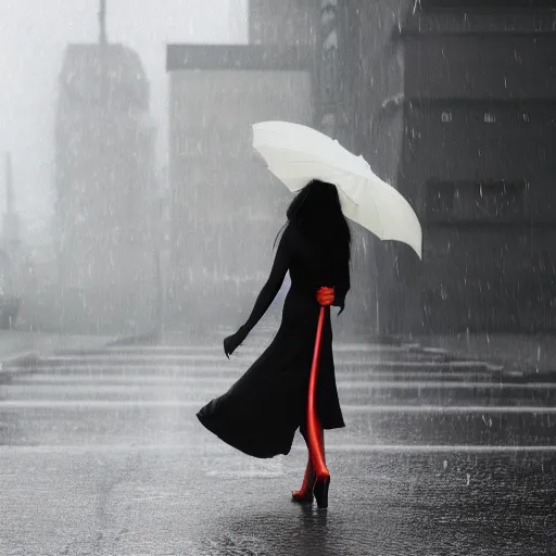 Image similar to morticia addams holding a parasol during a [ humid, rainy day ] as she saunters across the city, closeup!!!, trending on artstation, 4 k photorealism, unsplash, shot by jimmy nelson