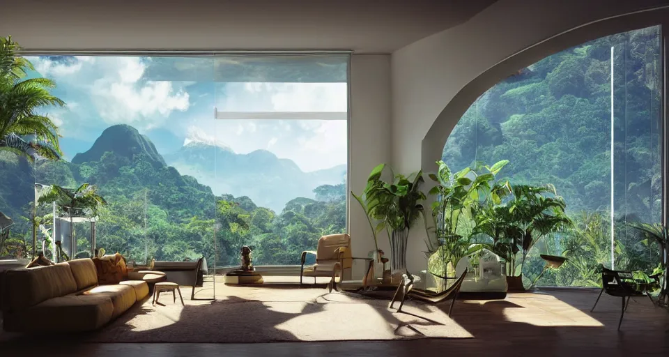 Prompt: looked at big window, architectural, mountains in background, cloud forest in background, tropical, sunny day time, clear sky, living room, furniture, IKEA catalogue, futuristic, ultra realistic, ultra detailed, cinematic light, anamorphic, by Paul Lehr