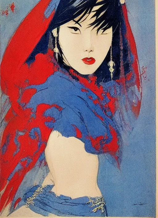 Image similar to portrait of heavyset mighty korean vampiress, jeweled veil, blue and red, strong line, saturated color, beautiful! coherent! by frank frazetta, high contrast, minimalism