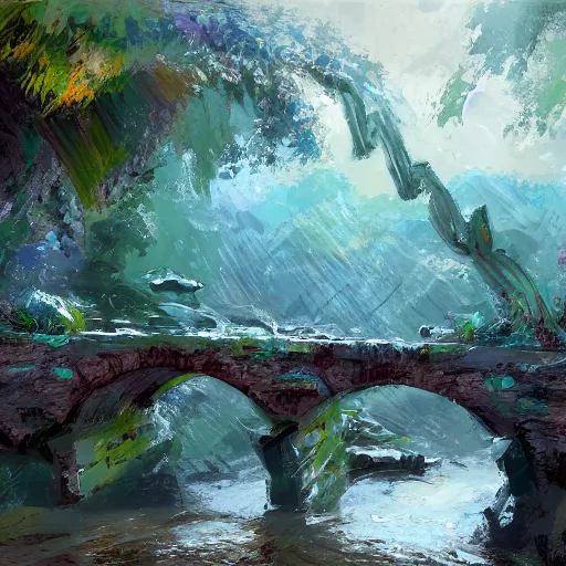 Prompt: acrylic painting, impressionism and expressionism, bold colors, expressive brushstrokes. a stone bridge over a river in riverwood, skyrim. raining. overcast. fantasy art by wadim kashin, cgsociety, nature art