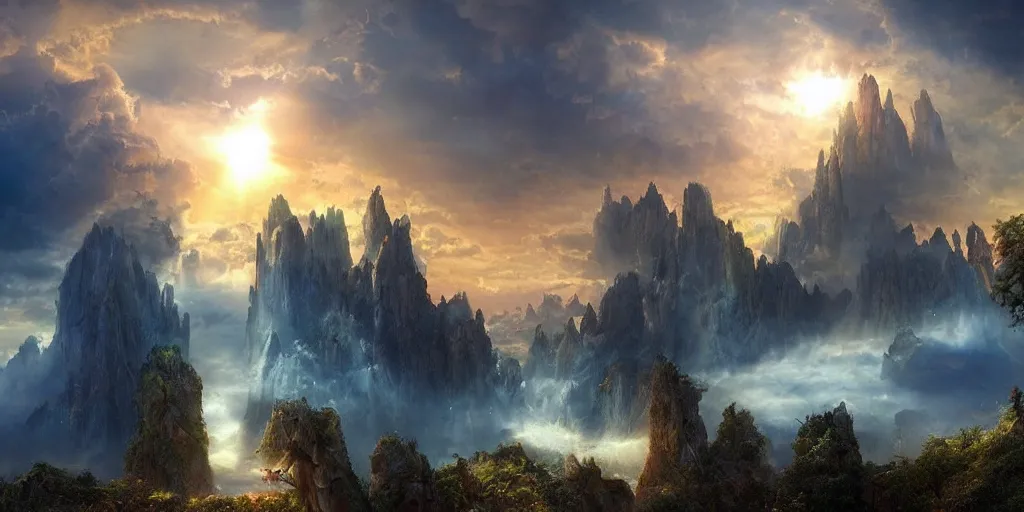 Prompt: beautiful matte painting of gates of heaven, sun rise, dramatic light, epic fantasy